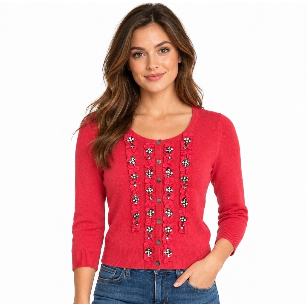 Boden Limited Edition Pink Cashmere Cardigan Sweater Embellished Ruffle US 4